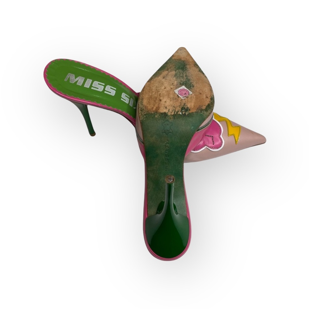 Vintage: Miss Sixty ↯ Lightning Pointy Toe Stiletto Heels Mules ↯ Pink Appliqué - Picture 14 of 17